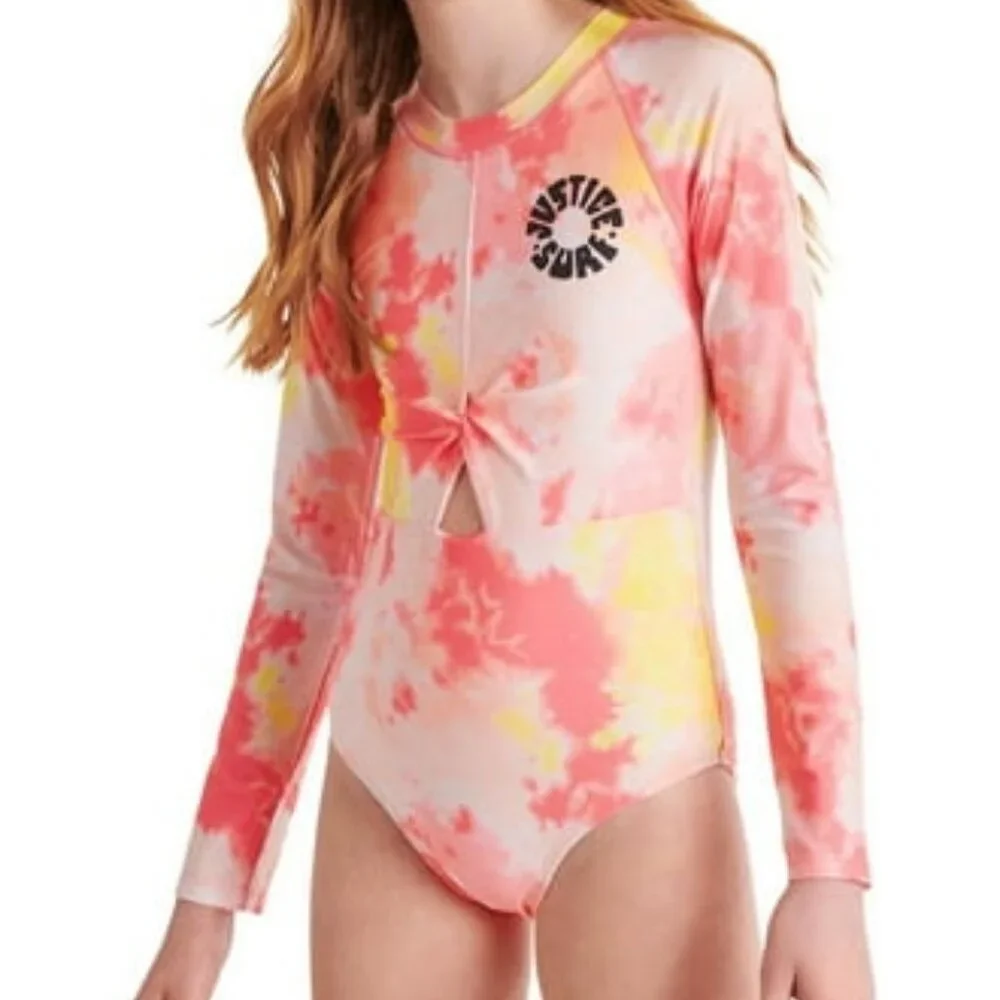 JUSTICE Rashguard 1 Piece Twist Swimsuit GIRLS SIZE 10 UPF 50+ NEW